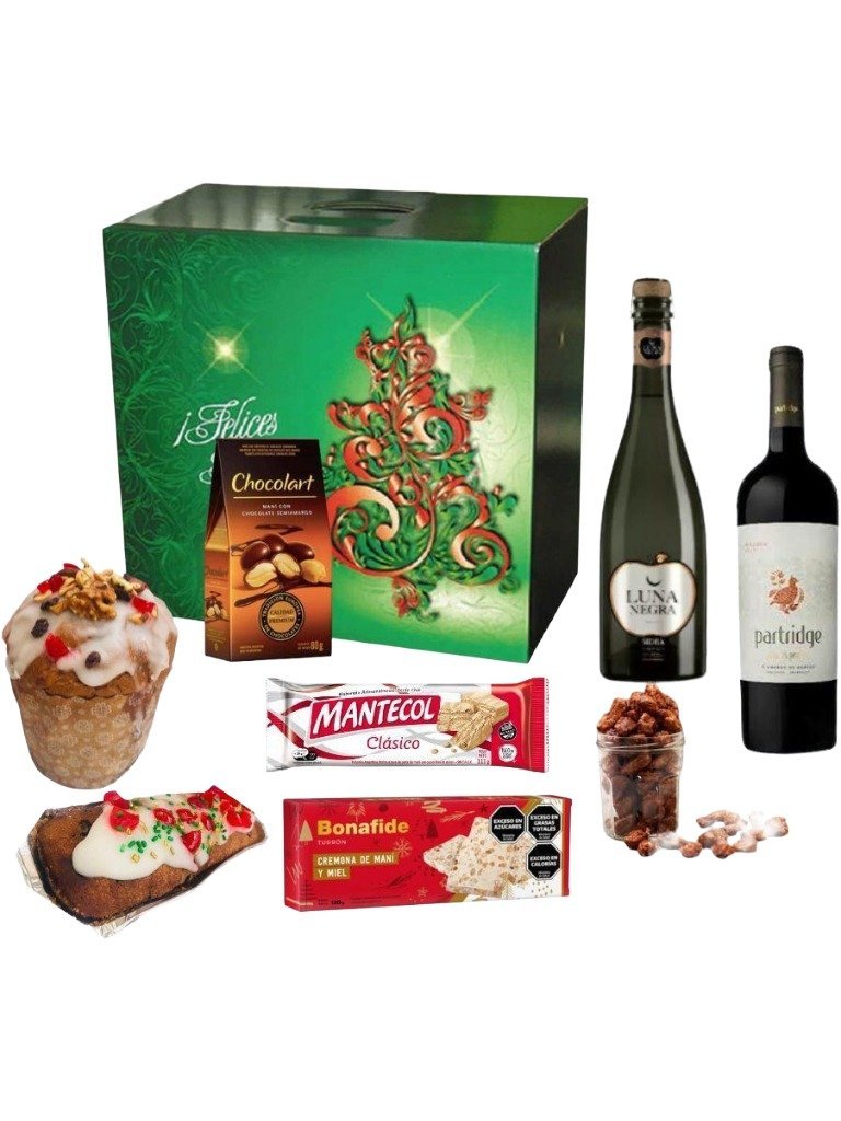 Caja navideña económica de 8 productos con vino, sidra, pan dulce y dulces clásicos.